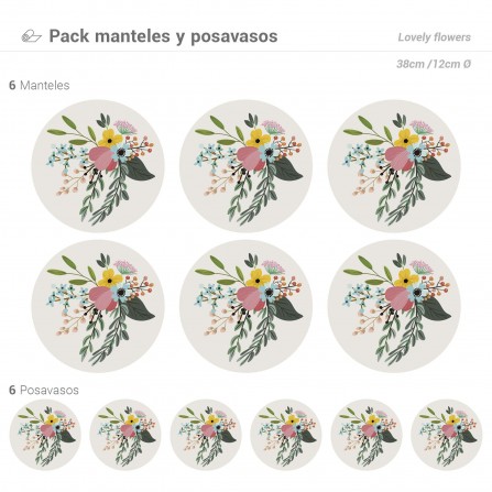 Pack de 6 Manteles y 6 Posavasos Lovely flowers