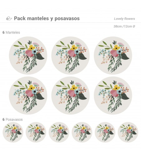 Pack de 6 Manteles y 6 Posavasos Lovely flowers