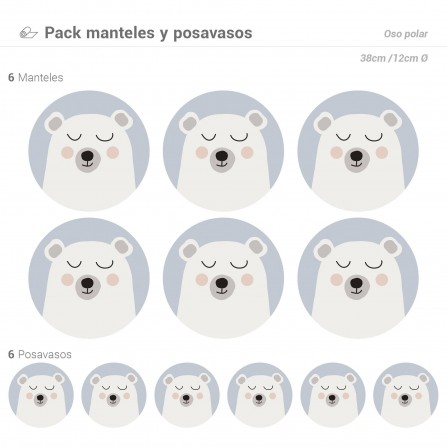 Pack de 6 Manteles y 6 Posavasos Oso Polar