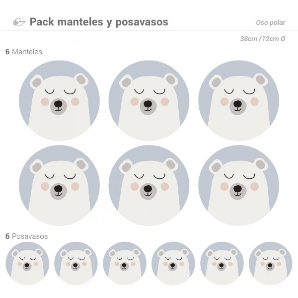 Pack de 6 Manteles y 6 Posavasos Oso Polar