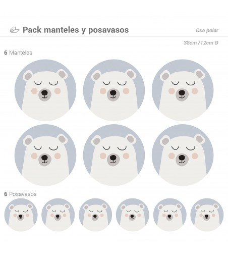 Pack de 6 Manteles y 6 Posavasos Oso Polar