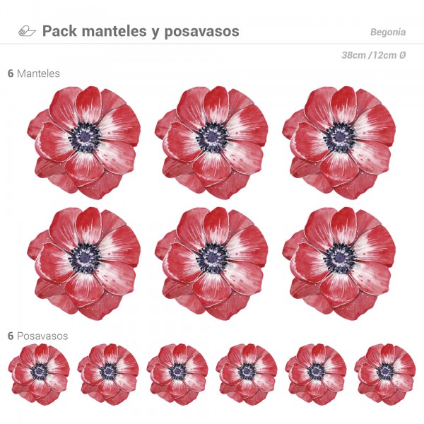 Pack de 6 Manteles y 6 Posavasos Begonia