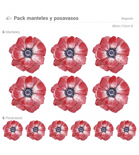 Pack de 6 Manteles y 6 Posavasos Begonia