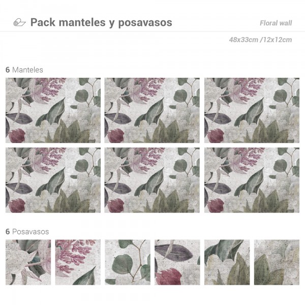 Pack de 6 Manteles y 6 Posavasos Floral Wall