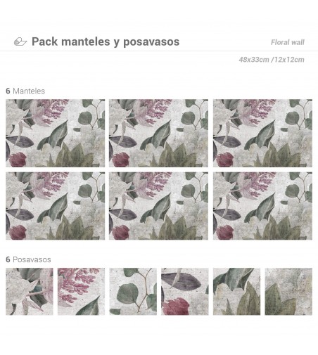 Pack de 6 Manteles y 6 Posavasos Floral Wall