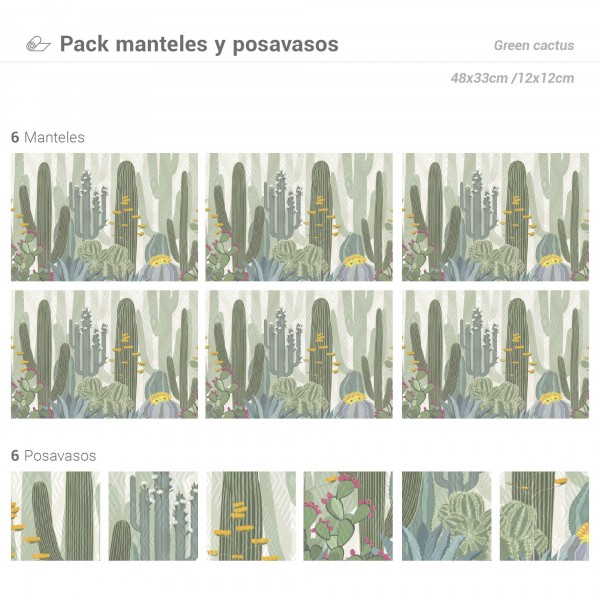 Pack de 6 Manteles y 6 Posavasos Green Cactus