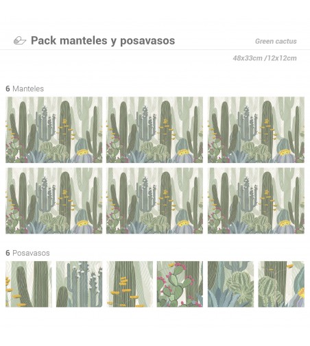Pack de 6 Manteles y 6 Posavasos Green Cactus