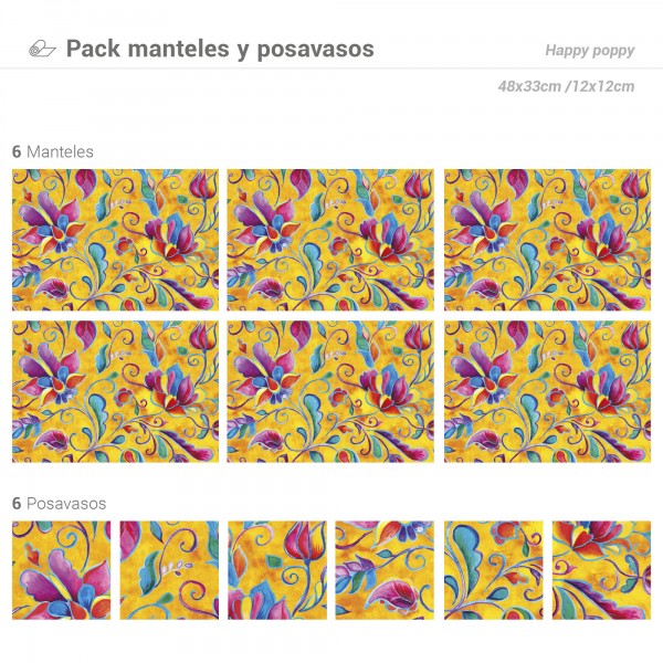 Pack de 6 Manteles y 6 Posavasos Happy Poppy