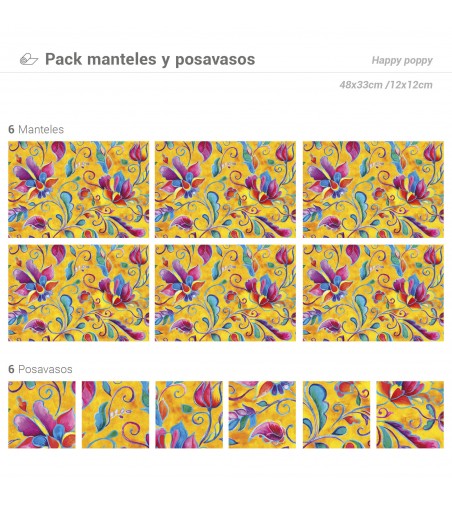 Pack de 6 Manteles y 6 Posavasos Happy Poppy
